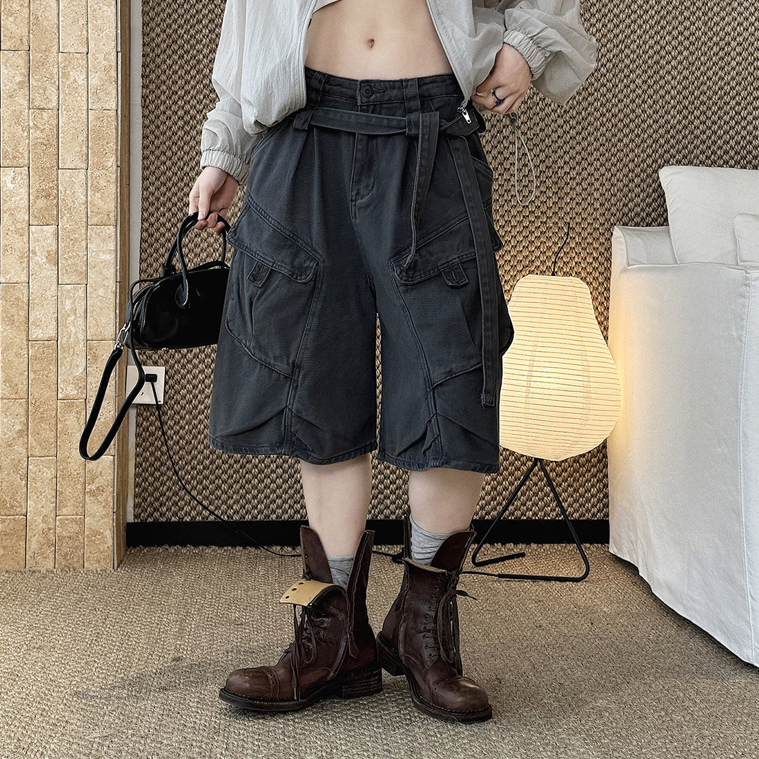 High Waist Wide Leg Denim Shorts with Raw Hem