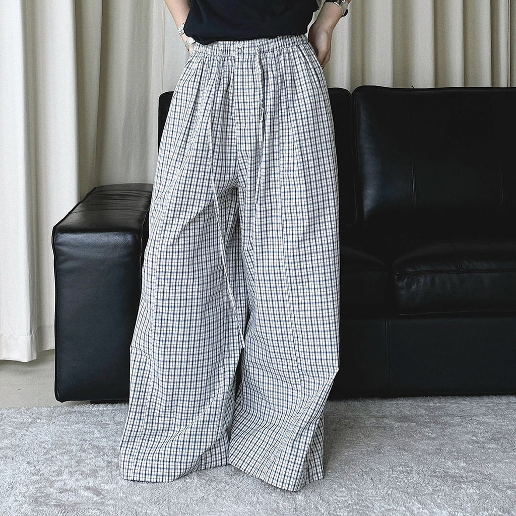 Color blocking plaid splicing casual elastic drawstring pants