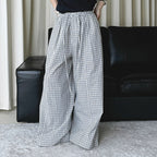 Color blocking plaid splicing casual elastic drawstring pants