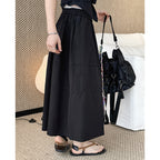long skirt high waist elastic waist cotton a line midi skirt loose casual solid color skirt