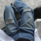 High waisted washed ripped straight leg jeans