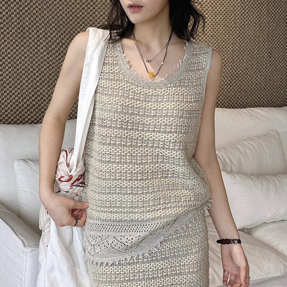 Women’s Sleeveless Openwork Knit Tank Top with Textured Hem