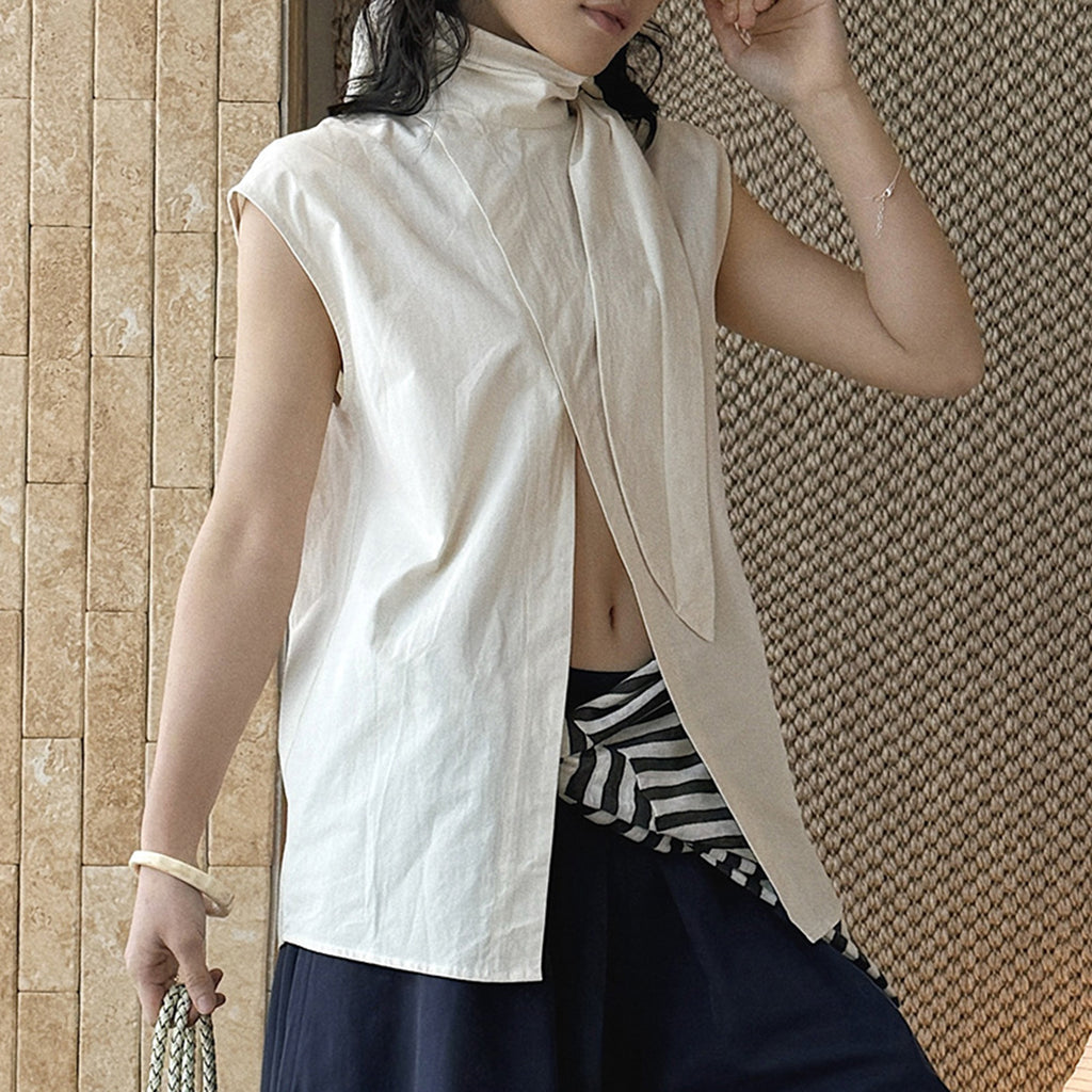 Sleeveless tie neck top women cotton linen loose summer blouse