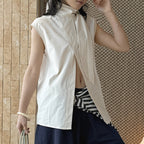 Sleeveless tie neck top women cotton linen loose summer blouse