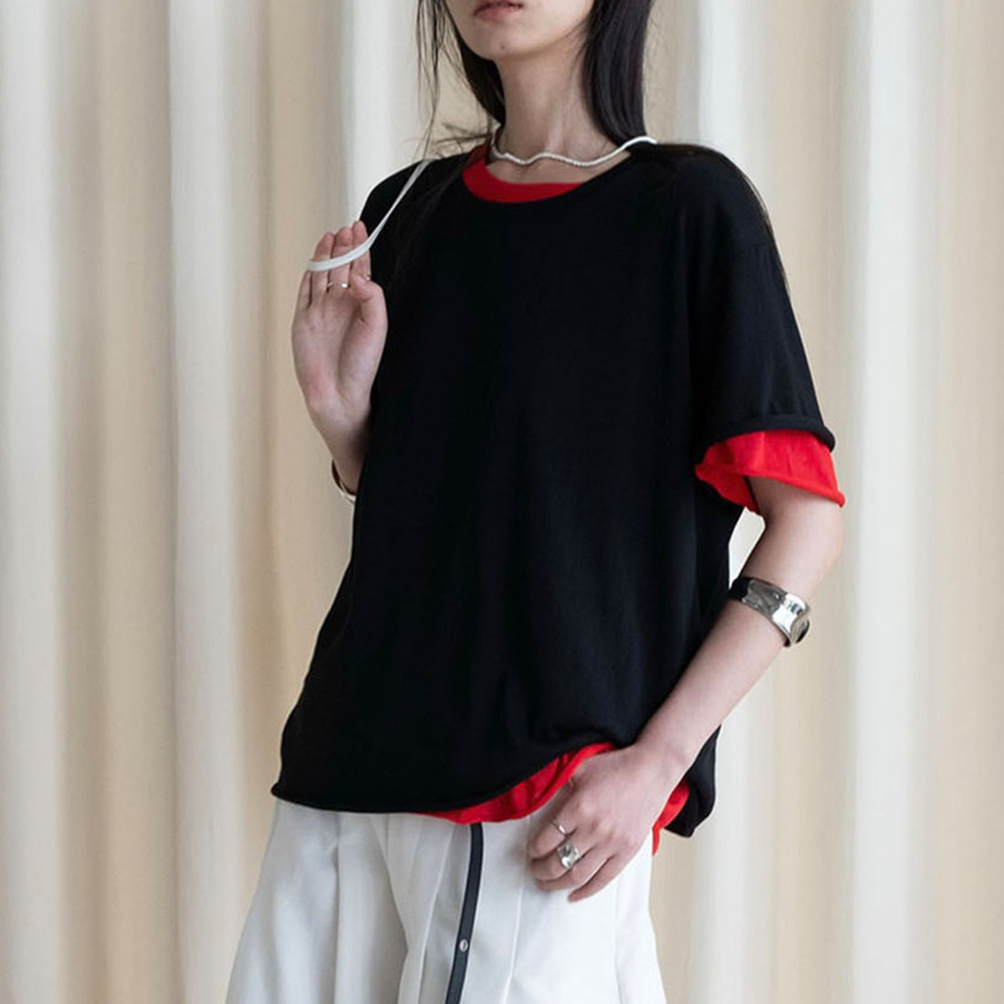 Round neck small rolled edge short sleeved slimming T-shirt