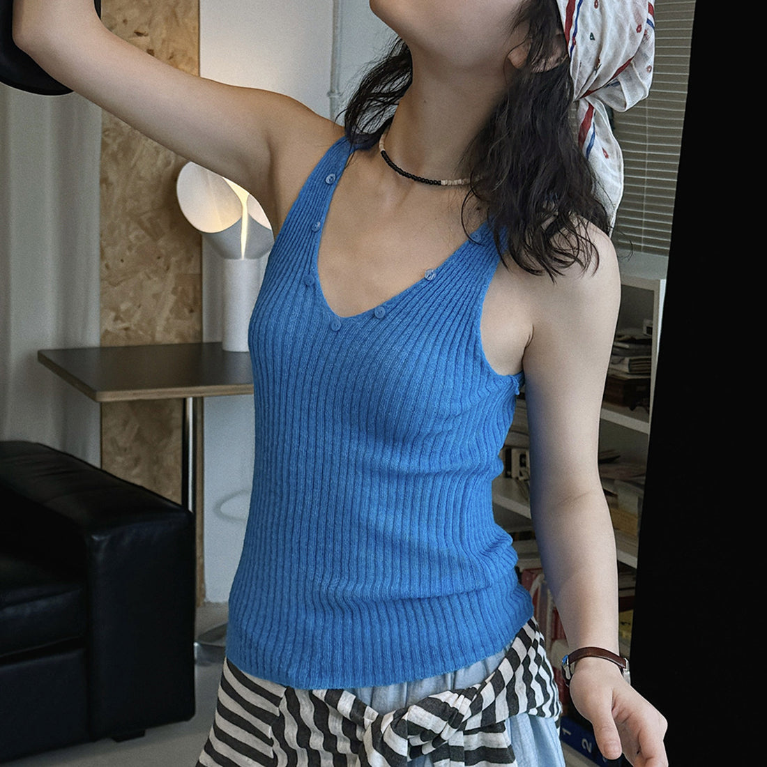 V-Neck Ribbed Knit Tank Top with Button Detail
