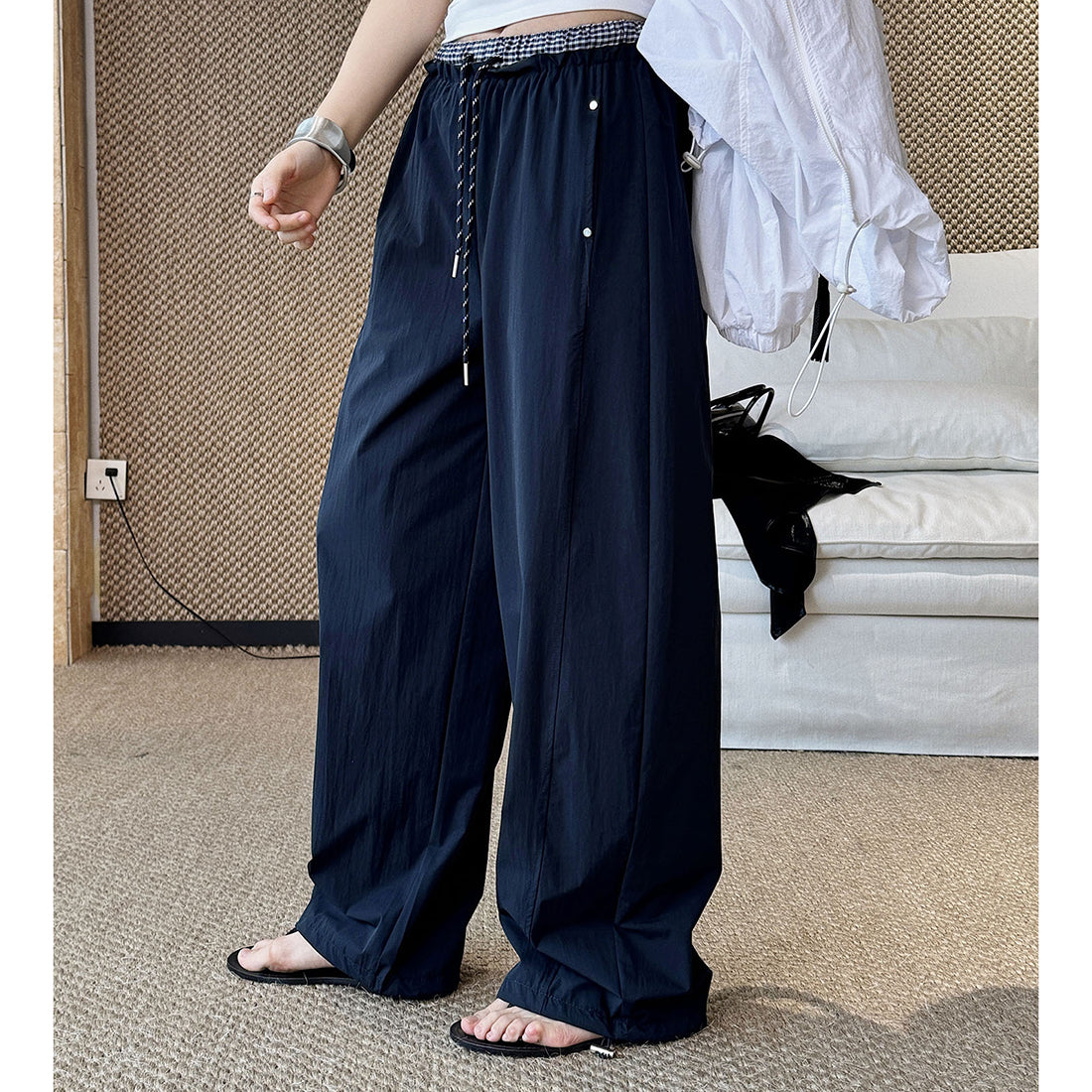 Grid waistband elastic drawstring loose casual ankle pants