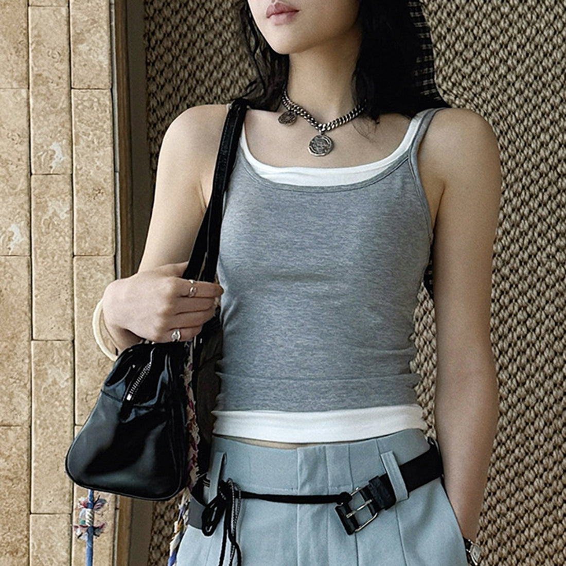 Layered slim fit tank top with stretch fabric and contrast trim