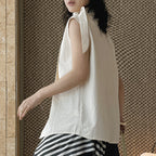 Sleeveless tie neck top women cotton linen loose summer blouse