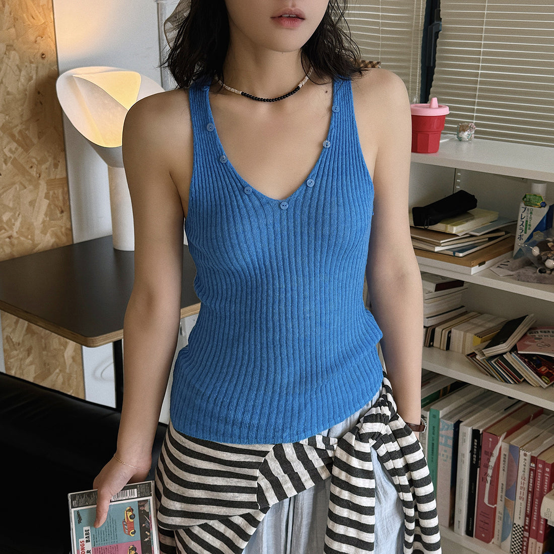 V-Neck Ribbed Knit Tank Top with Button Detail