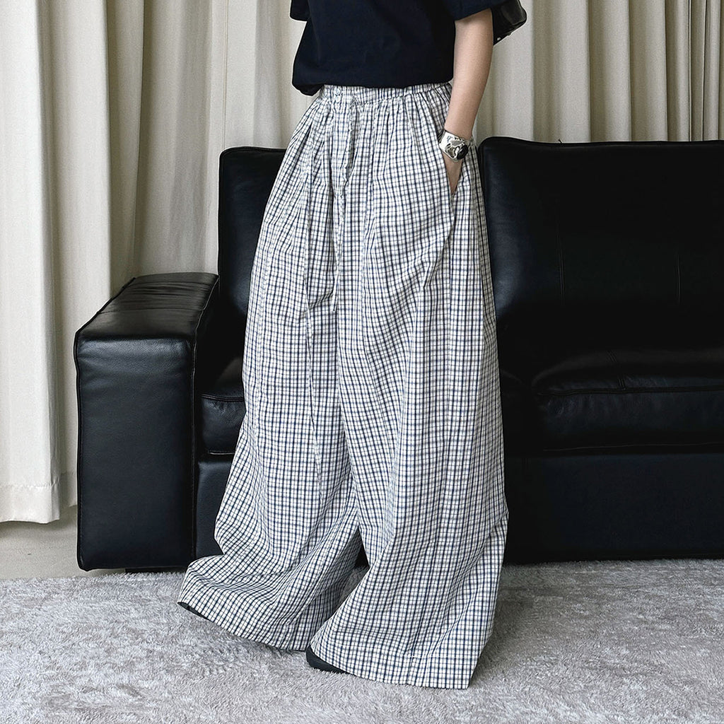 Color blocking plaid splicing casual elastic drawstring pants