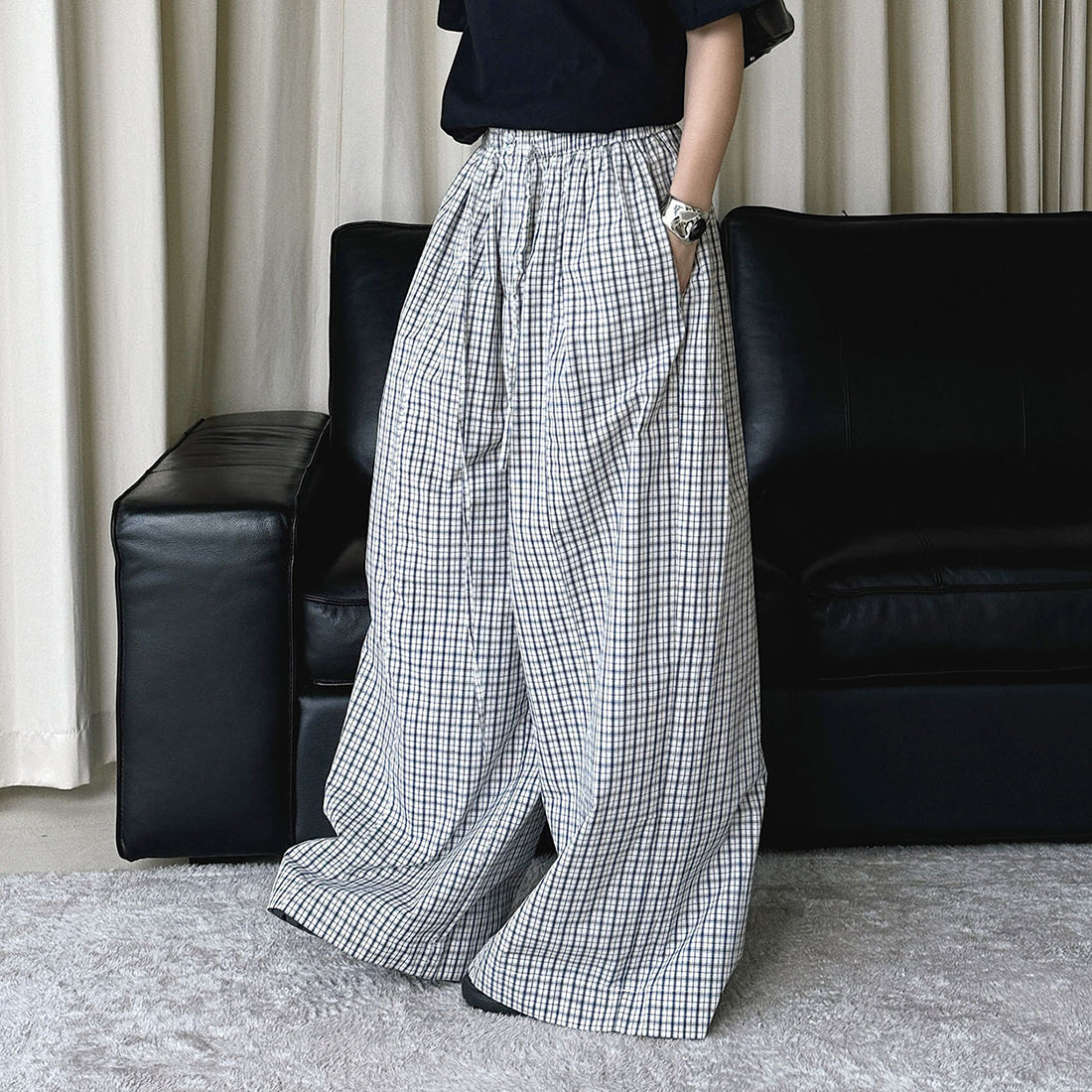 Color blocking plaid splicing casual elastic drawstring pants
