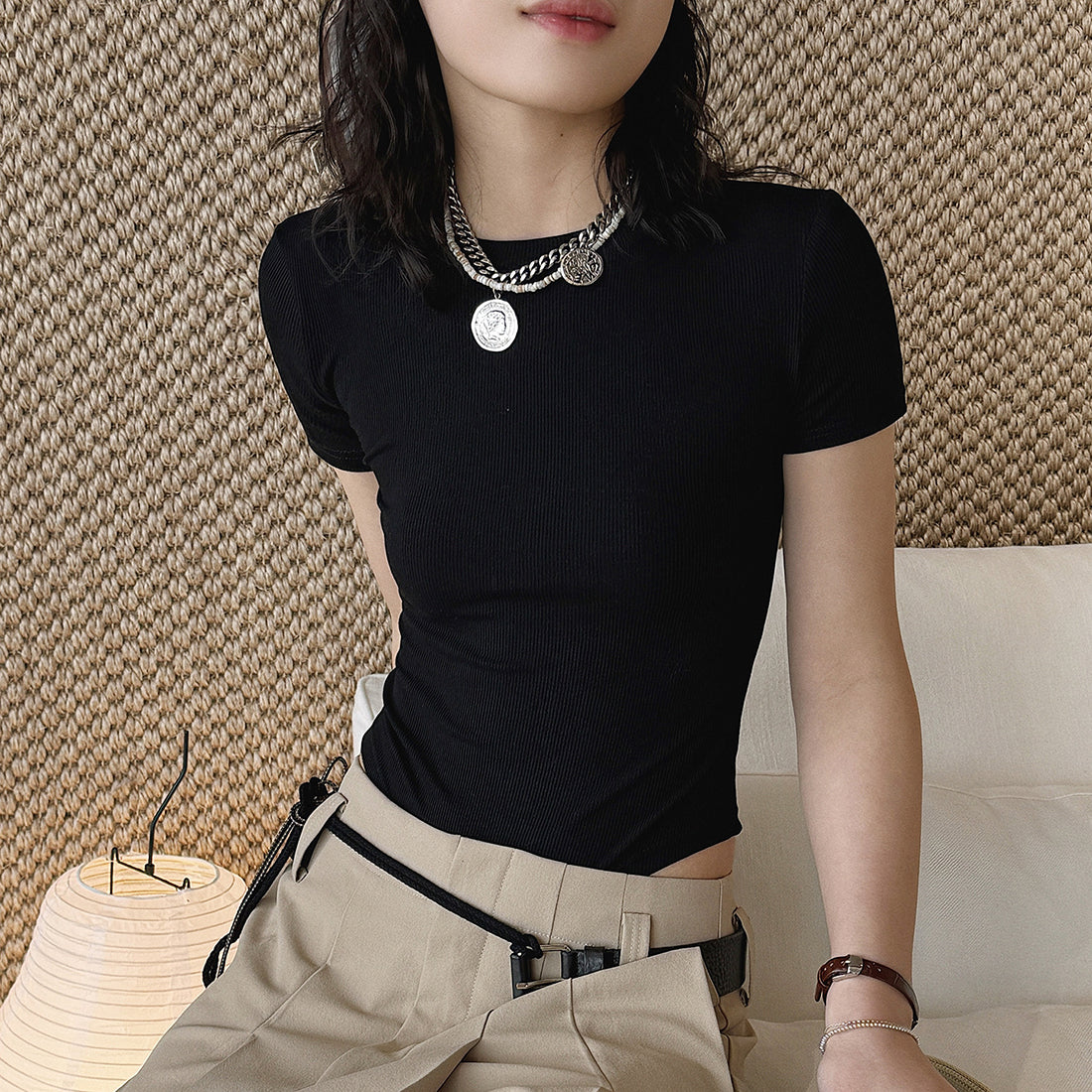 ribbed slim fit t shirt stretchy short sleeve fitted top