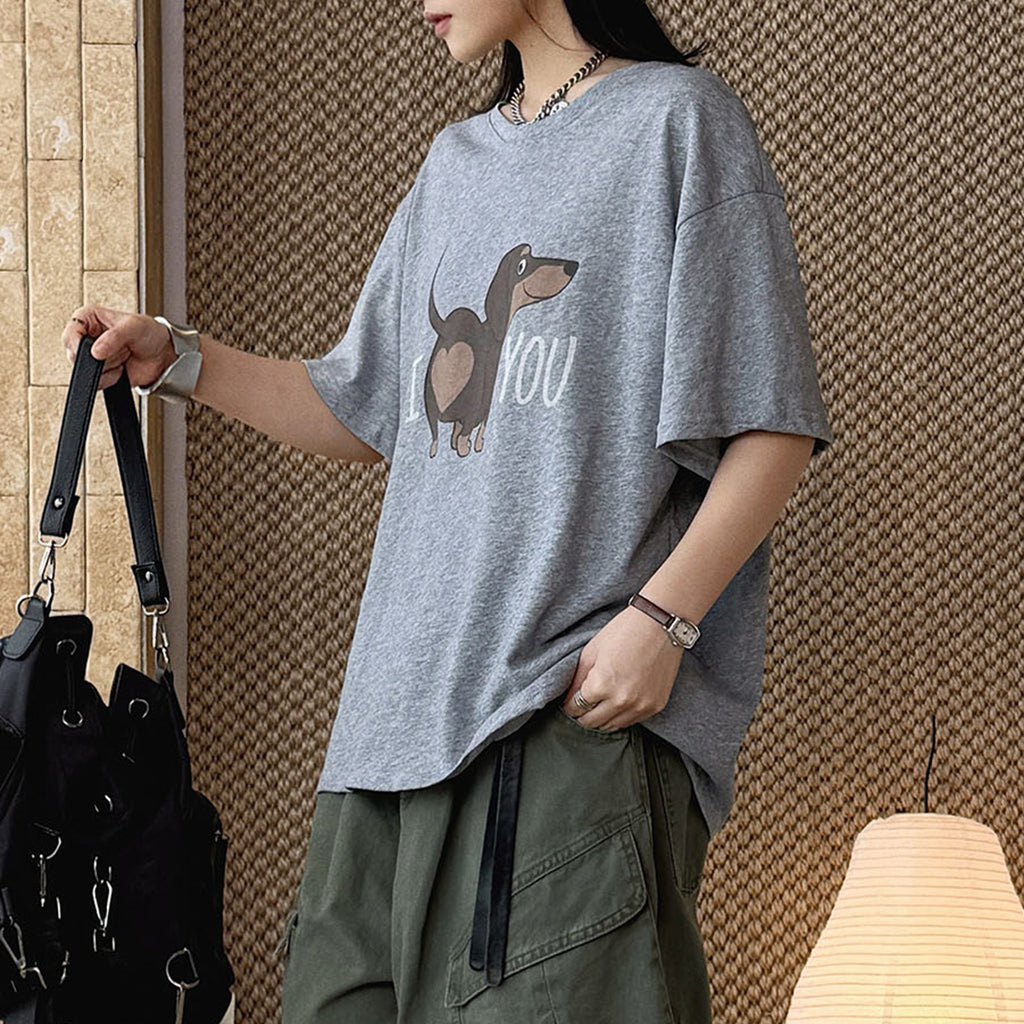 Round neck sausage dog letter printed short sleeve T-shirt top