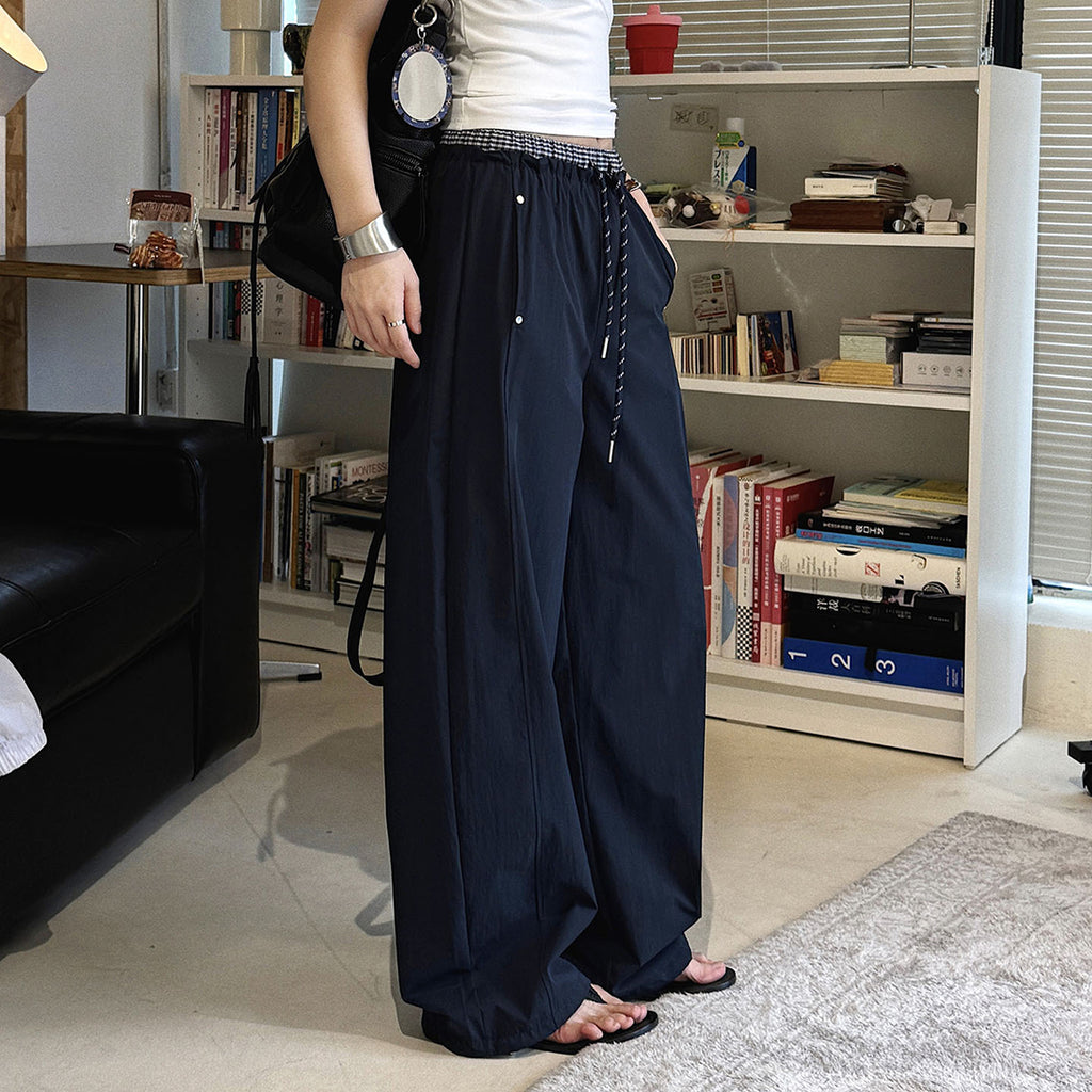 Grid waistband elastic drawstring loose casual ankle pants