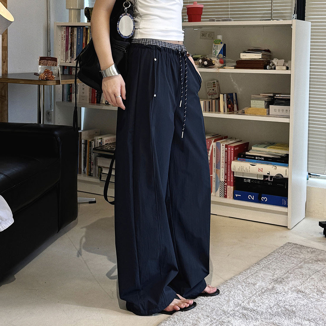 Grid waistband elastic drawstring loose casual ankle pants