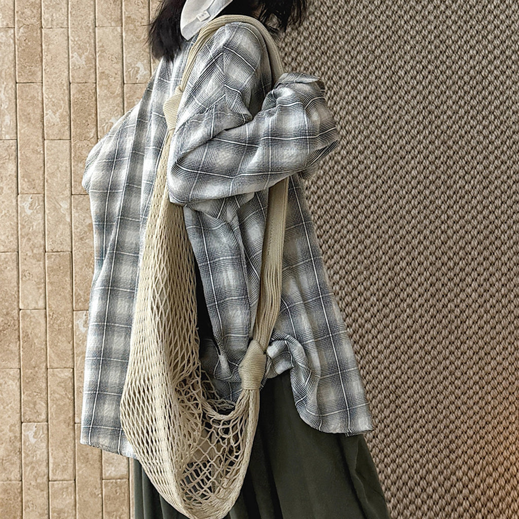 Vintage plaid cotton shirt loose long sleeve casual button down blouse