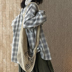 Vintage plaid cotton shirt loose long sleeve casual button down blouse