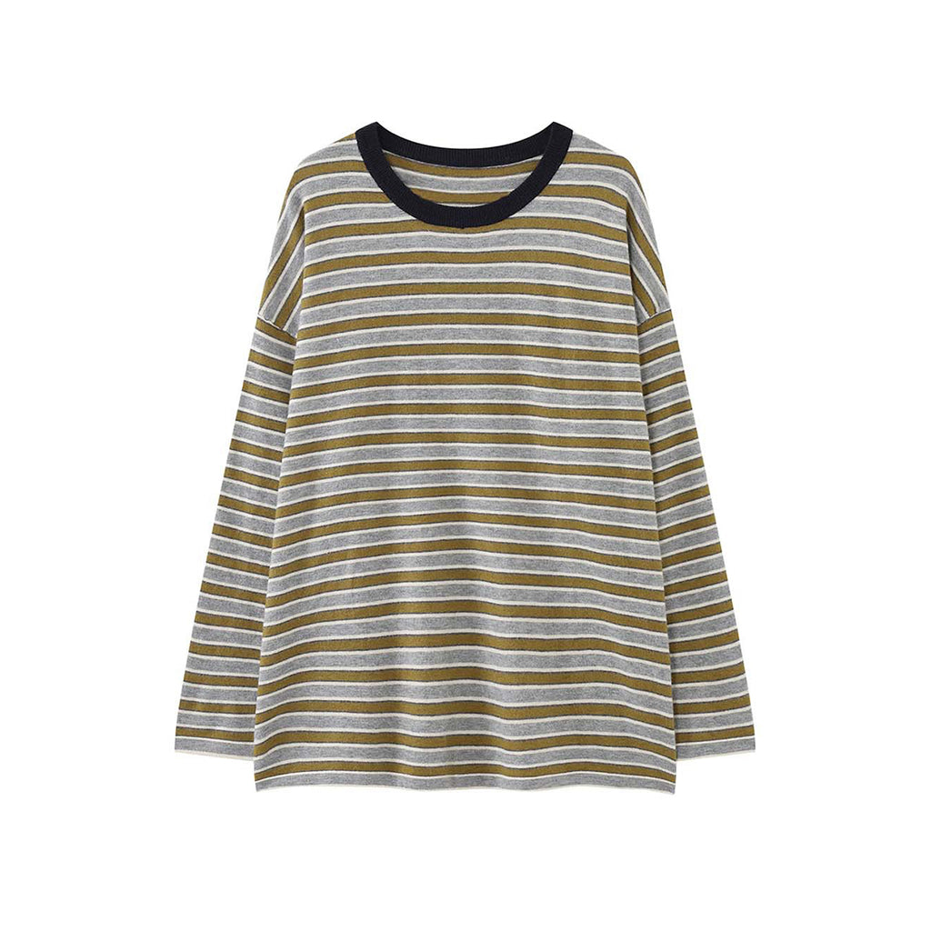 Color blocking round neck striped loose T-shirt