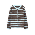Retro striped horn button plush knitted cardigan top