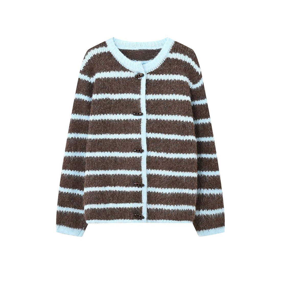 Retro striped horn button plush knitted cardigan top