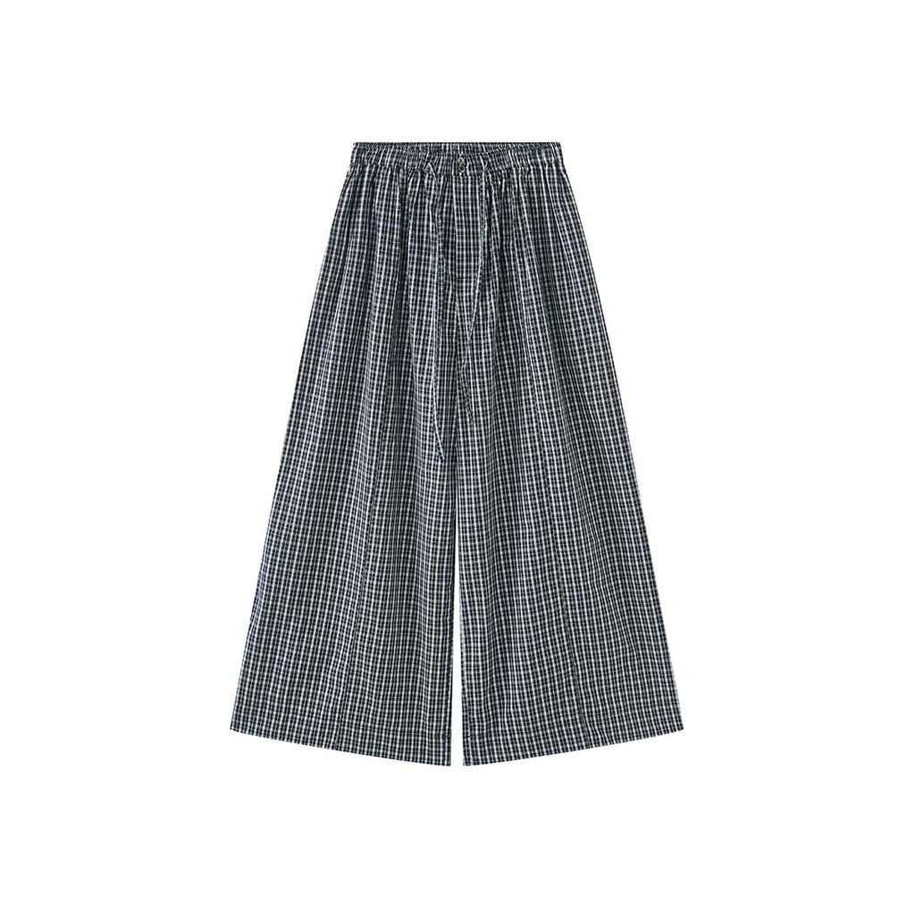 Color blocking plaid splicing casual elastic drawstring pants