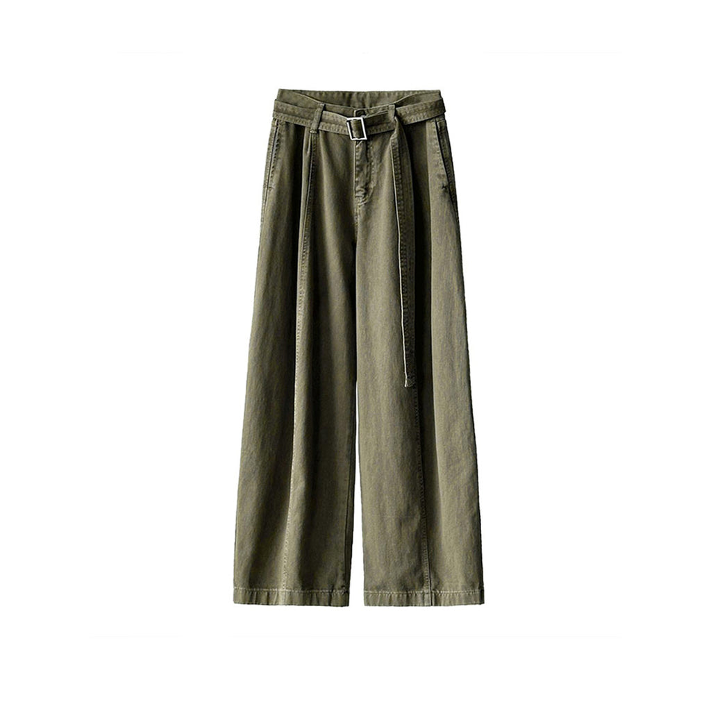 High waist wide leg pants women loose casual trousers with belt cotton