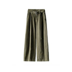 High waist wide leg pants women loose casual trousers with belt cotton