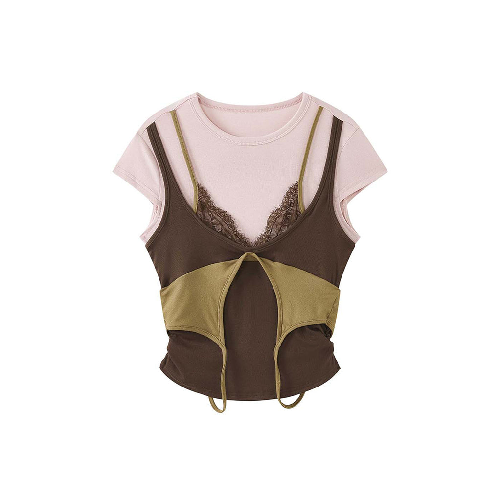 Retro INS style lace fake two-piece stacked T-shirt top