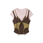 Retro INS style lace fake two-piece stacked T-shirt top