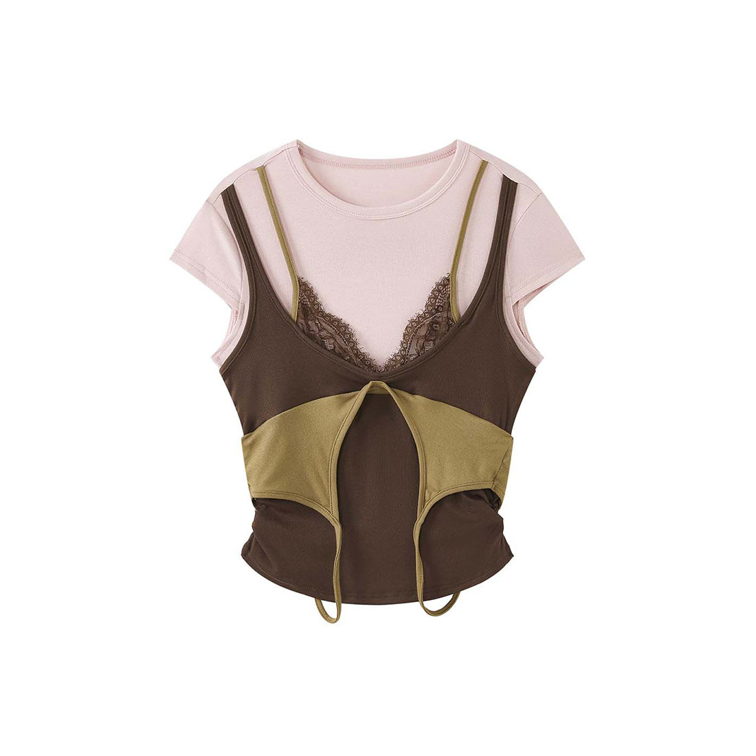 Retro INS style lace fake two-piece stacked T-shirt top