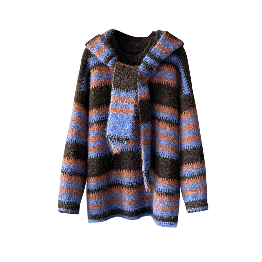 Loose retro contrasting striped sweater with shawl