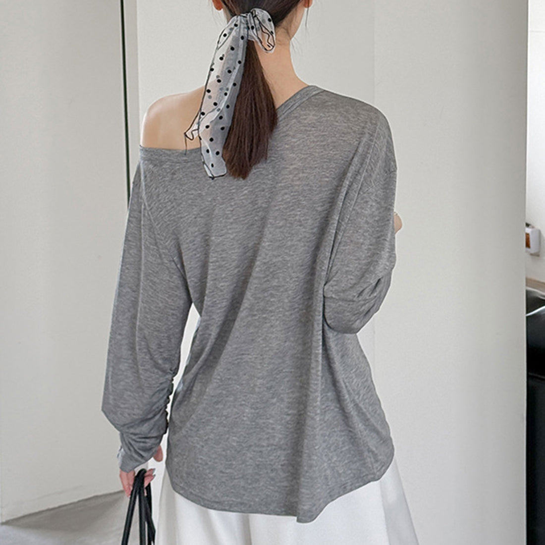 Women’s Off-Shoulder Printed Long-Sleeve Top with Polka Dot Scarf