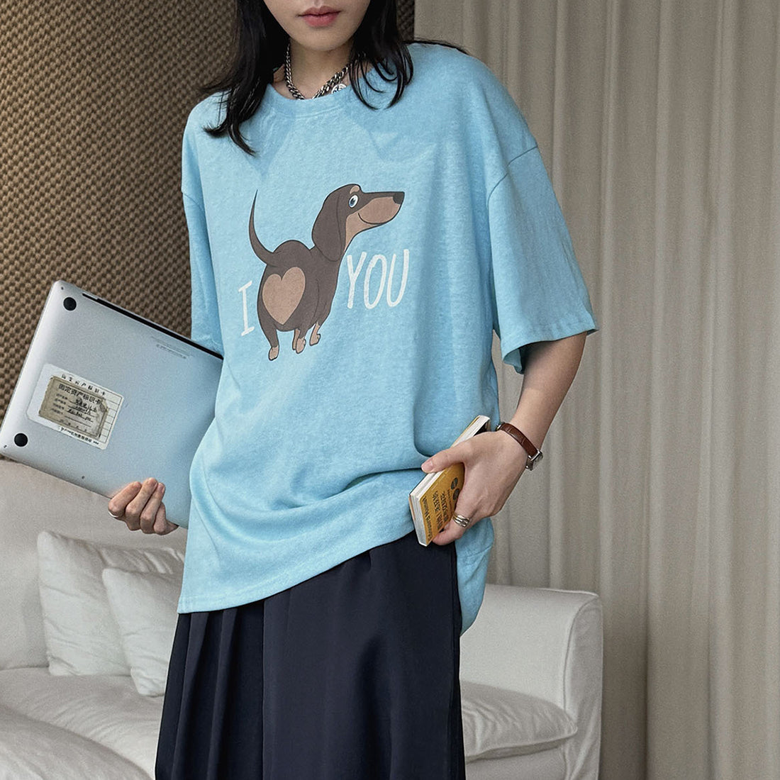 Round neck sausage dog letter printed short sleeve T-shirt top