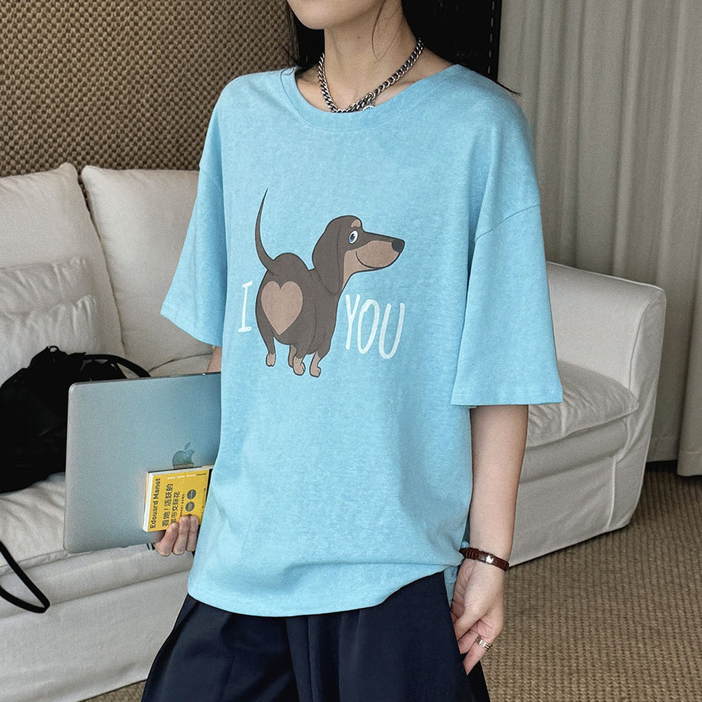 Round neck sausage dog letter printed short sleeve T-shirt top