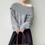 off shoulder lapel knitted loose top sweater