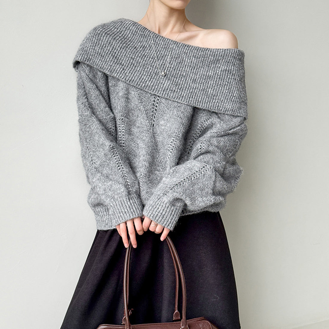 off shoulder lapel knitted loose top sweater