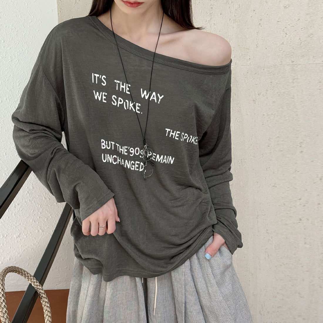 Women’s Off-Shoulder Letter Print Sheer Long-Sleeve Top