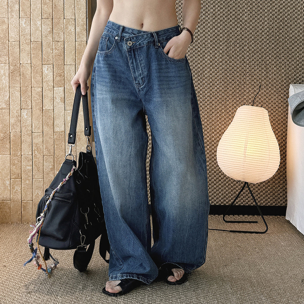 High waist washed wide leg jeans with vintage faded finish