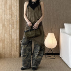 V-neck lace slimming base strap asymmetrical hem top