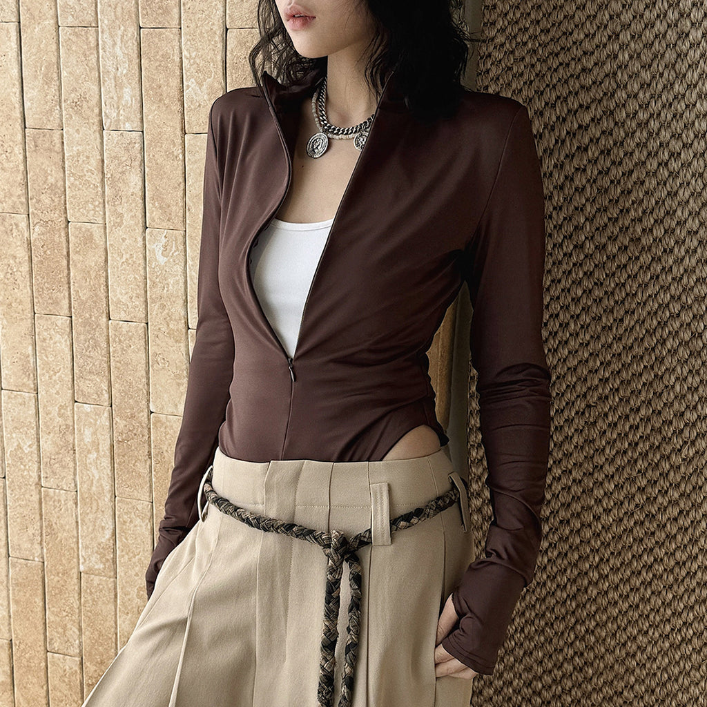 Slim fit stand collar zip long sleeve bodysuit