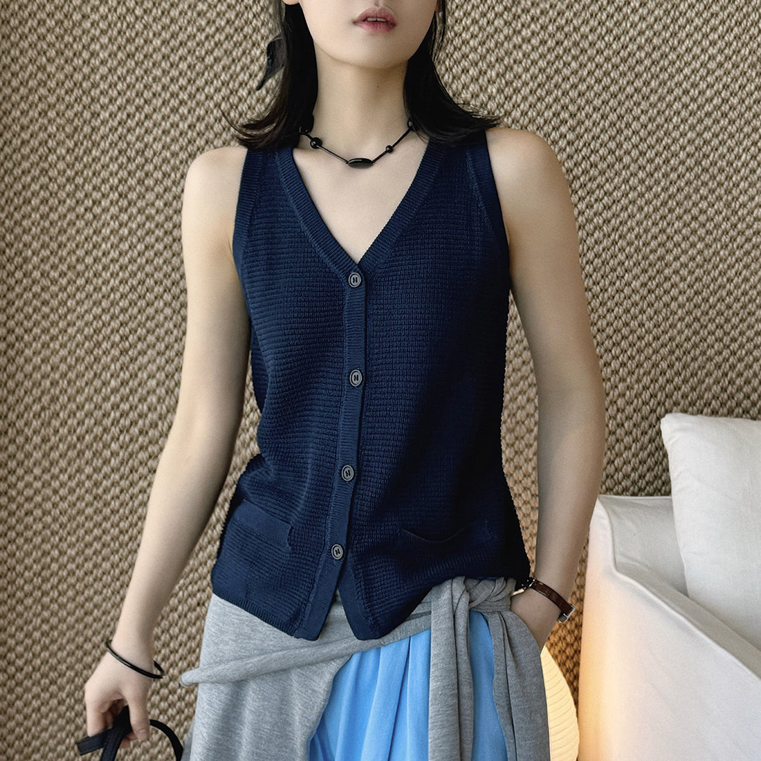 Sleeveless V-Neck Knit Button Vest Top