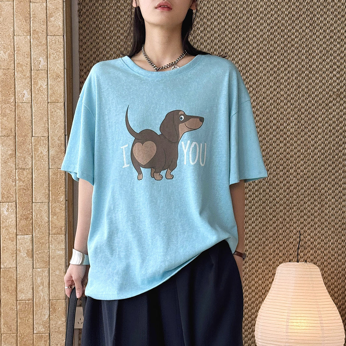 Round neck sausage dog letter printed short sleeve T-shirt top