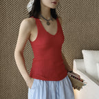 V-Neck Ribbed Knit Tank Top with Button Detail