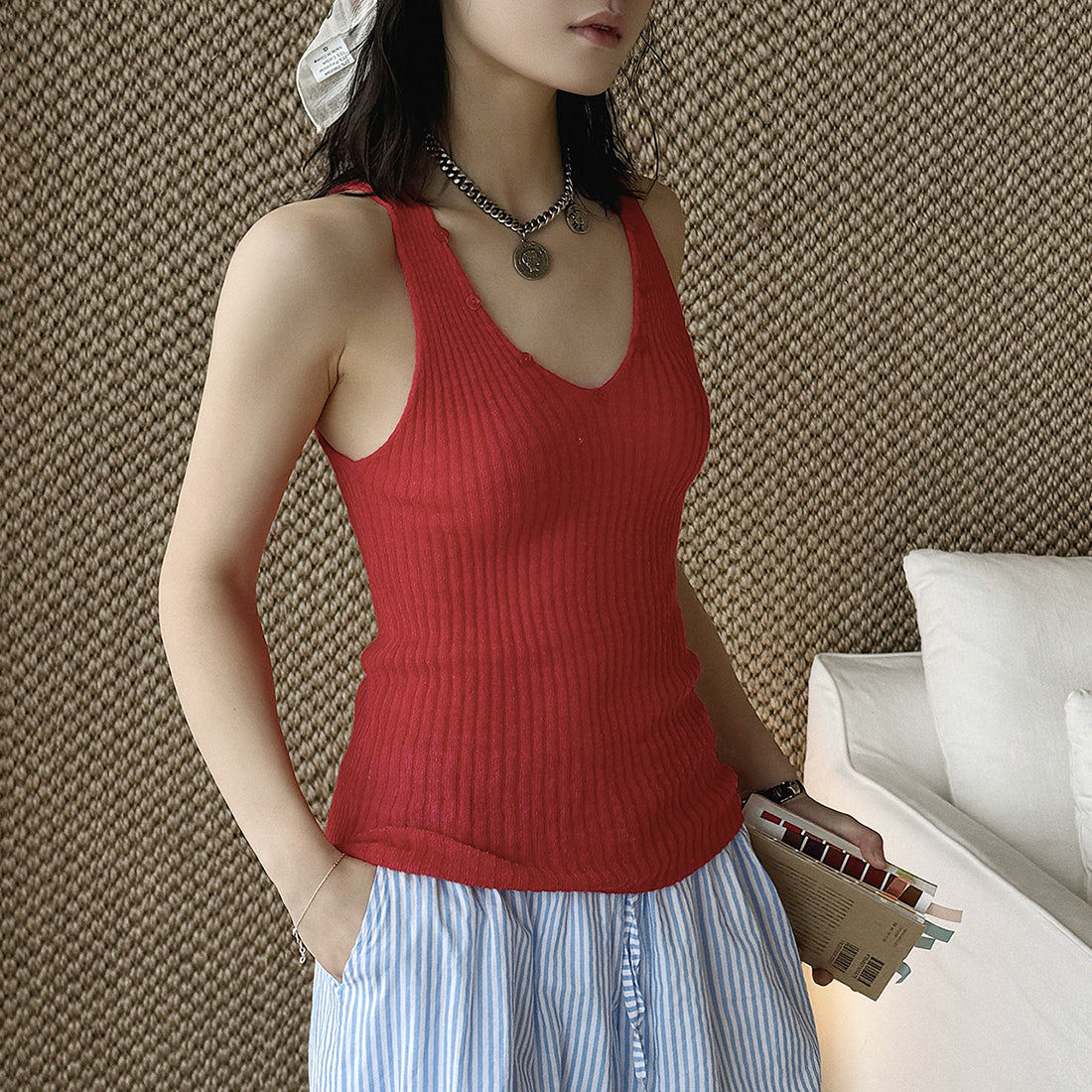 V-Neck Ribbed Knit Tank Top with Button Detail