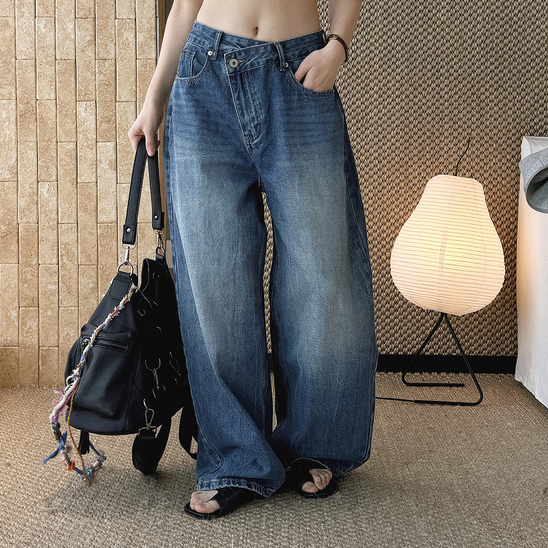 High waist denim jeans, wide leg loose fit, vintage wash
