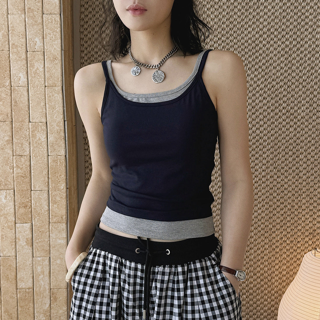 layered tank top slim fit stretchy camisole contrast trim sleeveless top