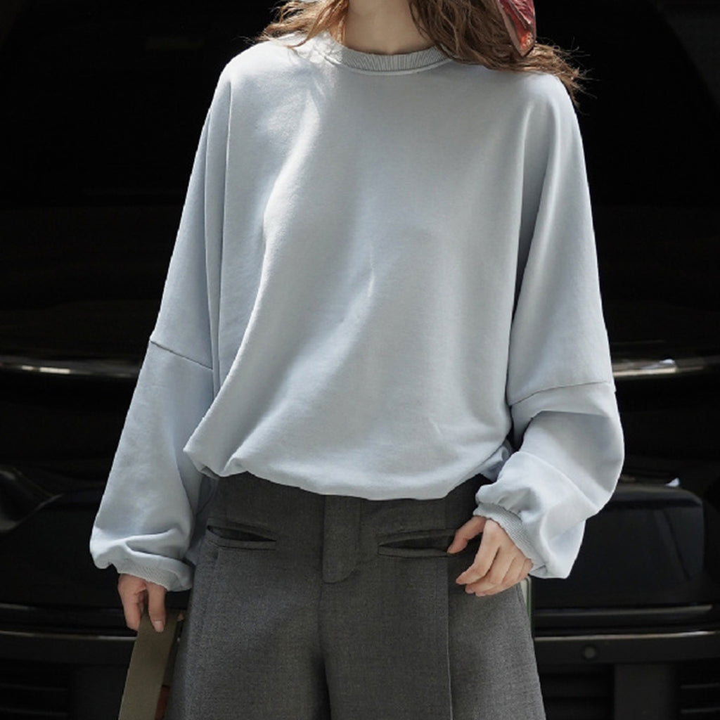 Round neck hem pleated long sleeved top sweatshirt