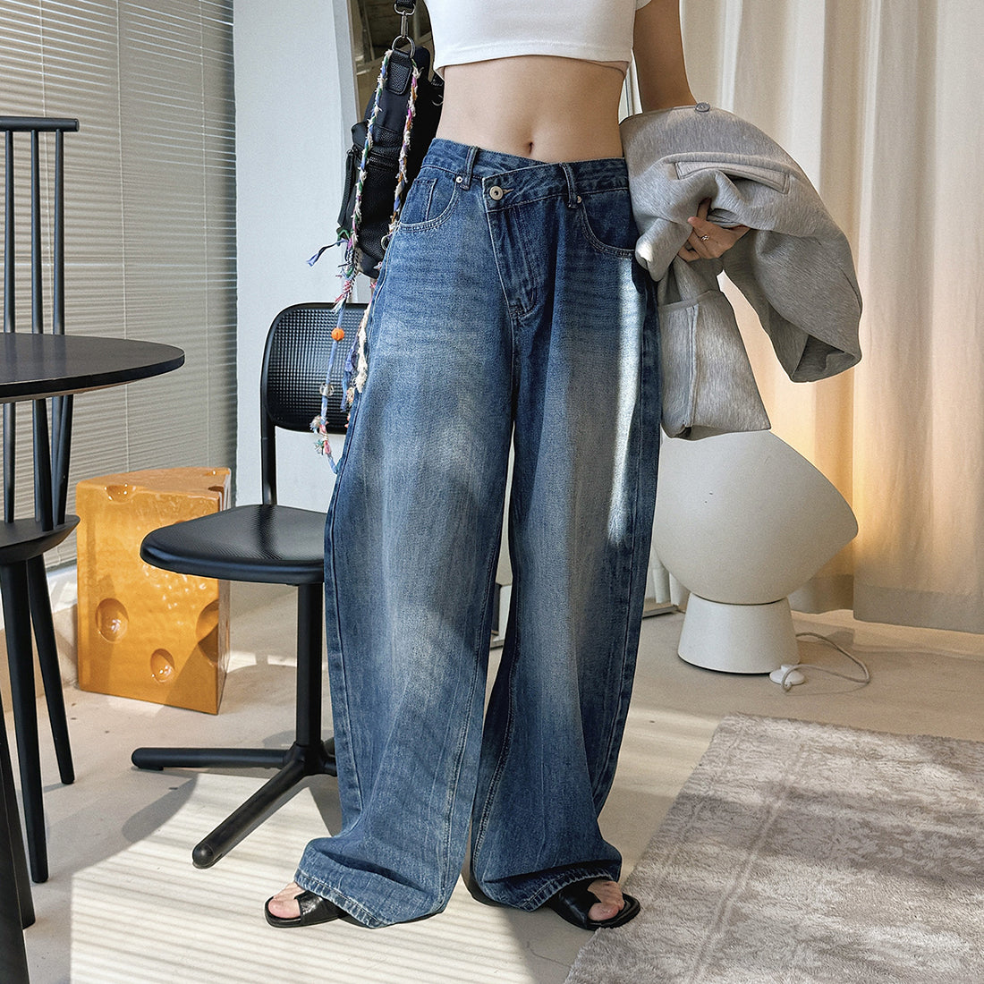 High waist denim jeans, wide leg loose fit, vintage wash