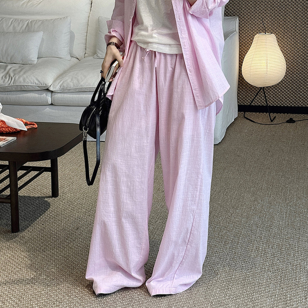 High Waist Cotton Linen Wide Leg Pants with Drawstring
